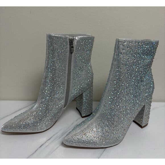 Lauren Lorraine Jam Silver Rhinestone Ankle Boots Womens size 9 Block Heel - Picture 1 of 7